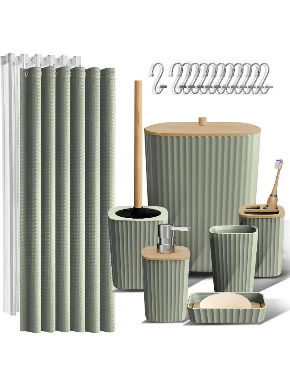 Sage Green 20PC Bathroom Accessories Set - Shower Curtain, Soap Dispenser & More